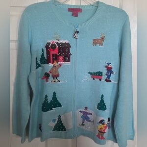 Bobbie Bell Light Blue Holiday Embroidered Zip Sweater L Children Christmas
